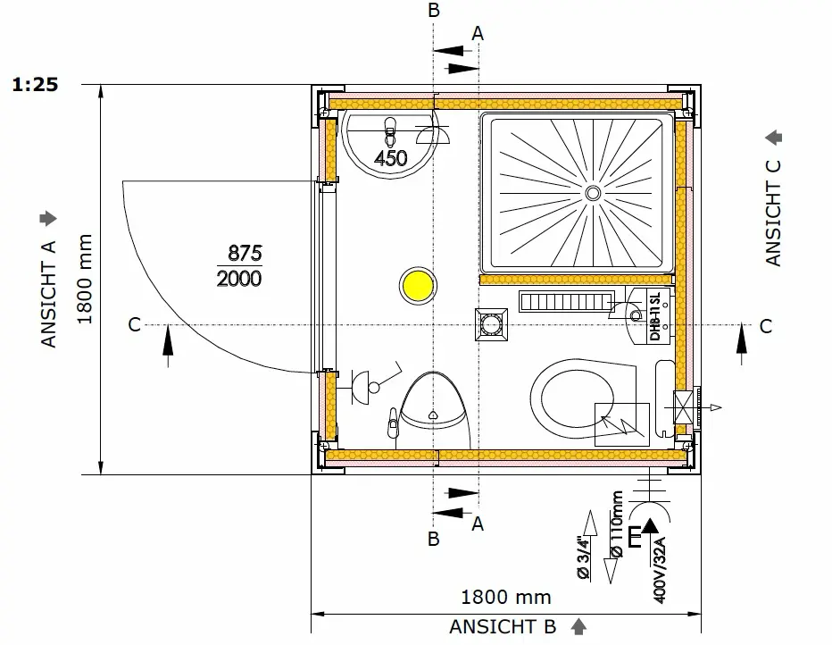Sanitärcontainer mini (6 Fuß) Grafik technische Maße