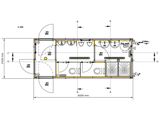 Sanitärcontainer groß mit Flur (20 Fuß) Grafik technische Maße