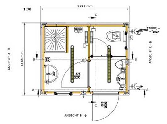 Sanitärcontainer klein (10 Fuß) Grafik technische Maße