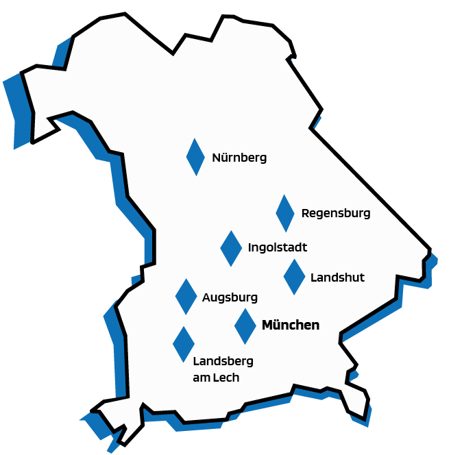 Karte von Bayern mit dem Liefergebiet von BY-CONTAINER