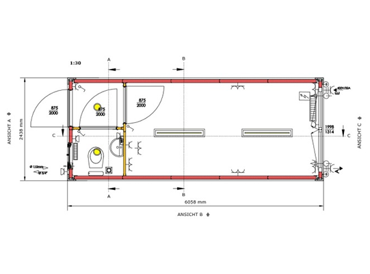 Grundriss Bürocontainer mit WC (20 Fuß)