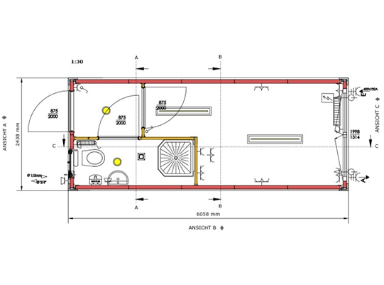 Grundriss Bürocontainer mit WC und Dusche (20 Fuß)