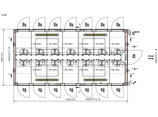 Grundriss Duschcontainer 14 Duschen Damen Herren (20 Fuß)