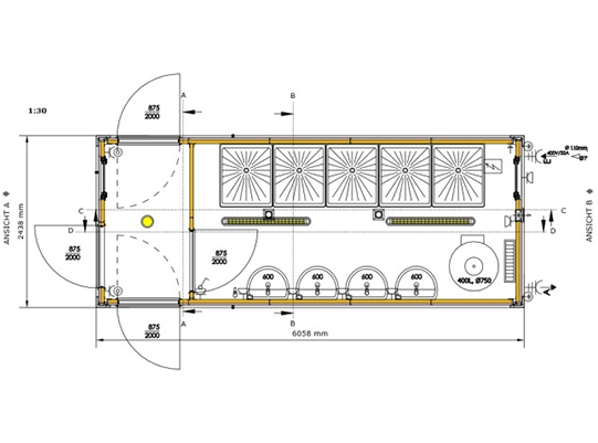 Grundriss Duschcontainer 5 Duschen und Flur (20 Fuß)