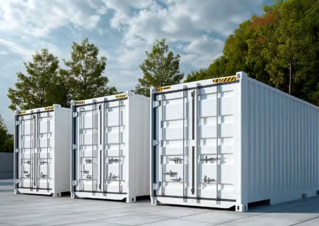 Drei Kühlcontainer nebeneinander vor einem Waldgebiet in Bayern