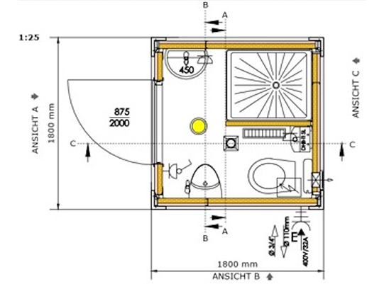 Grundriss Sanitärcontainer mini (6 Fuß)
