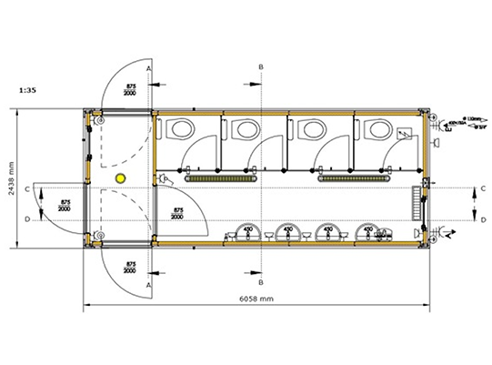 Grundriss Toilettencontainer Damen mit Flur (20 Fuß)
