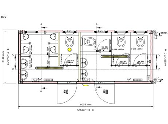 Grundriss Toilettencontainer groß Damen Herren (20 Fuß)