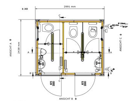 Grundriss Toilettencontainer klein Damen Herren (10 Fuß)